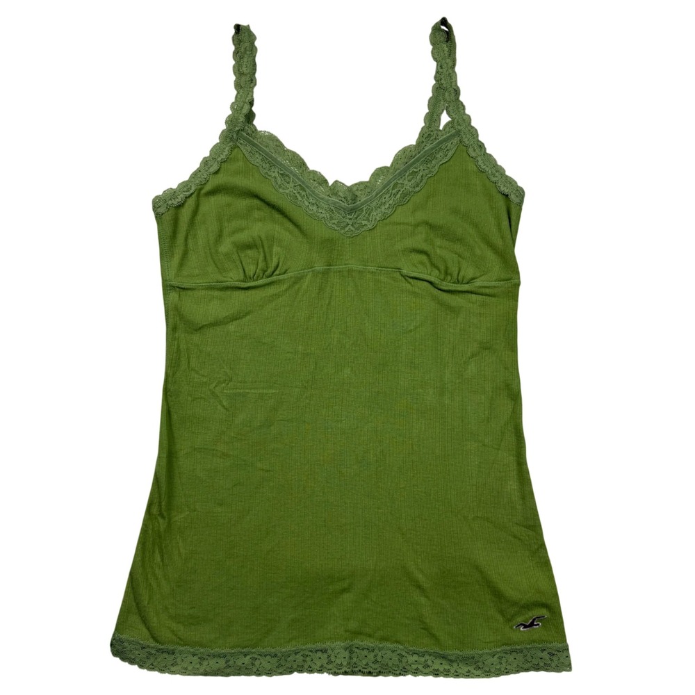 VTG Y2K Hollister Green Ribbed Lace Trim Babydoll Cami Top Large Bella Swan